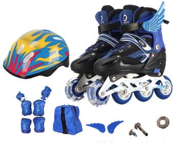 Pu Single Wheel Adjustable Children's Roller Skates (Option: Blue-Small Size)