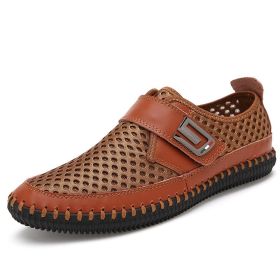 WEH Summer Shoes Men Flats Loafers Breathable Casual Chaussure Homme Real Leather Driver Moccasins Loafer casual Men Shoes (Option: Brown-46)