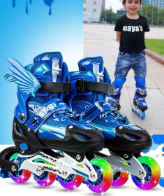 New Boy Girl Children Inline Skates Adjustable Size Flashing Roller Skating Boots for Kids (Option: Blue-M33to37)