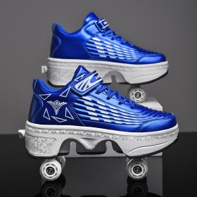 New Four-double Wheel Men's And Women's Children's Multi-color Pulley Shoes (Option: Blue-35)