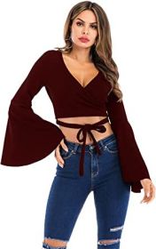 Women's Sexy Tie Up Crop Top Ladies Flared Sleeve Deep V Neck Casual Basic T Shirt (Color: RED-M)