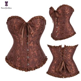 Sexy Women Steampunk Clothing Gothic Plus Size Corsets Lace Up Boned Overbust Bustier Waist Cincher Body Shaper Corselet S-6XL (Color: 810 coffee)