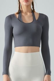 Halter Neck Long Sleeve Cropped Sports Top (Color: Gray)