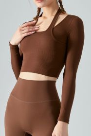 Halter Neck Long Sleeve Cropped Sports Top (Color: Brown)